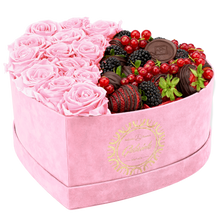 Velvet Heart Box with 15 Roses & Fruit Life Belgian Chocolate Covered Strawberries