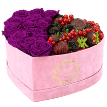 Velvet Heart Box with 15 Roses & Fruit Life Belgian Chocolate Covered Strawberries