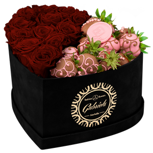 Velvet Heart Box with 10 Roses & Fruit Life Belgian Chocolate Covered Strawberries