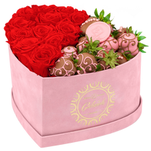 Velvet Heart Box with 10 Roses & Fruit Life Belgian Chocolate Covered Strawberries